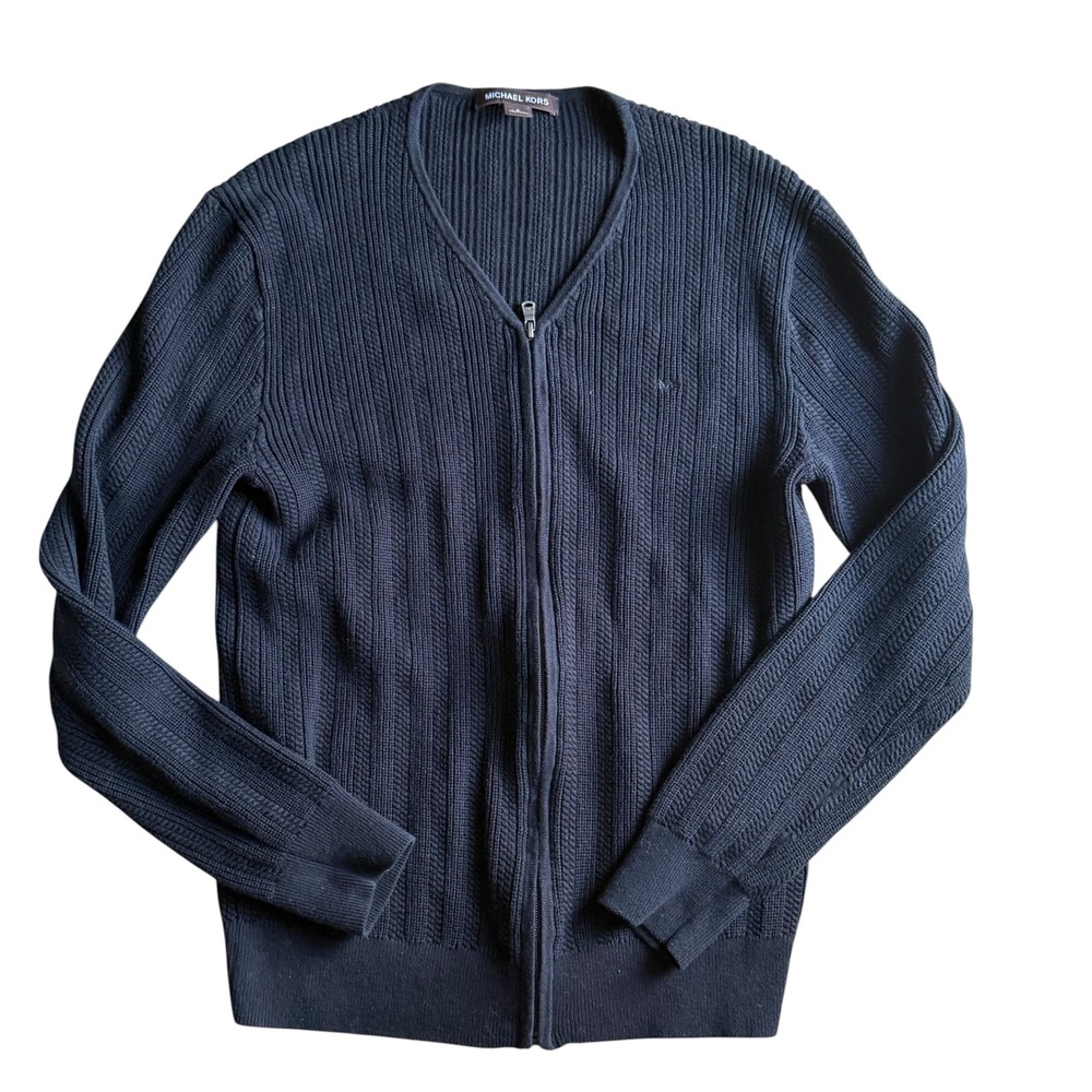 Michael Kors Cardigan Mens Small Black Ribbed Full Zip V-Neck Sweater